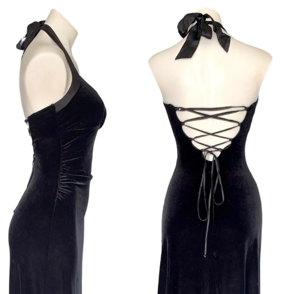 v i n t a g e :: Gorgeous Black Velvet Corset Tie Halter Maxi Dress - Picture 10 of 14